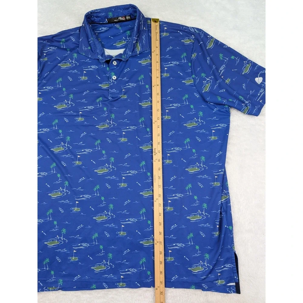 RLX Ralph Lauren Polo Shirt Men's XXL Blue Golf Shark Attack Print Performance